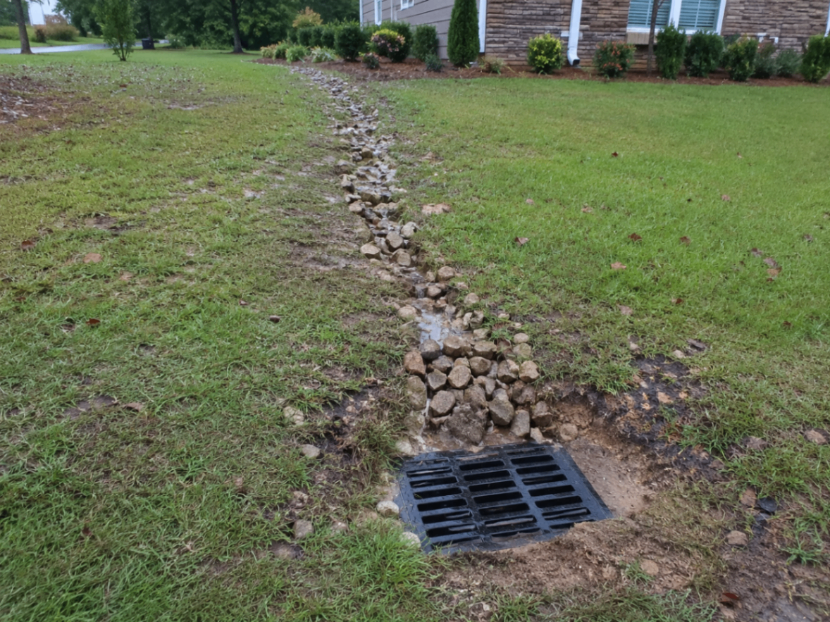 Catch basin connected to a rock-lined swale in a residential yard