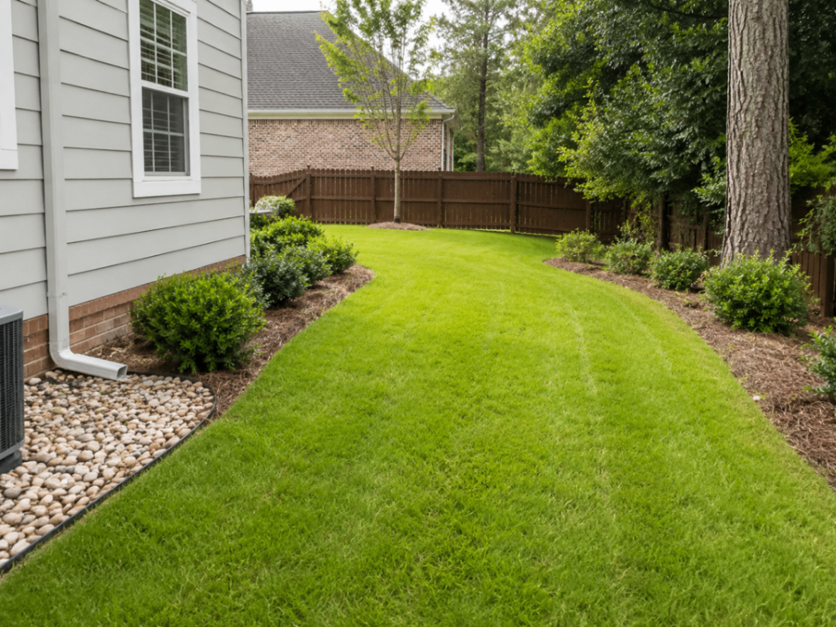 Clean side yard after drainage improvements beside a home