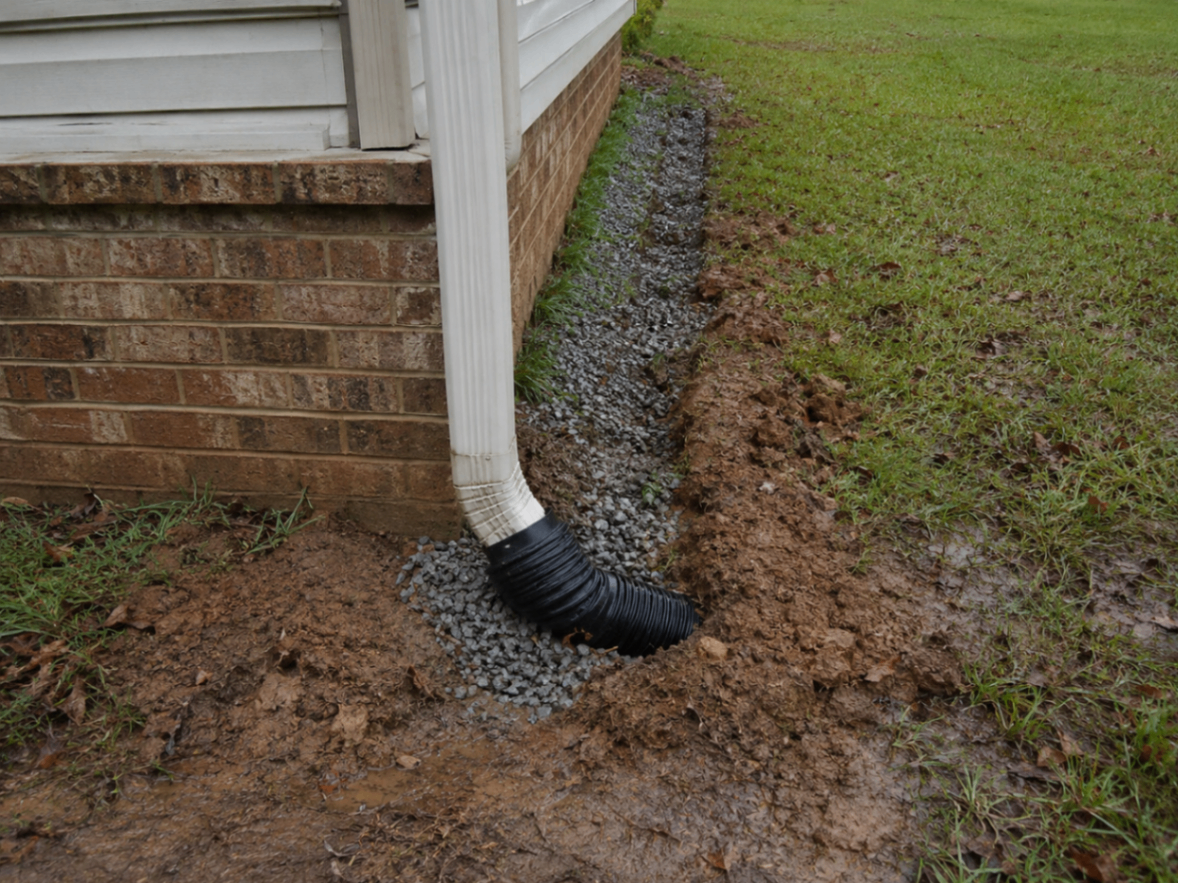 Downspout runoff being redirected through a gravel trench beside a home