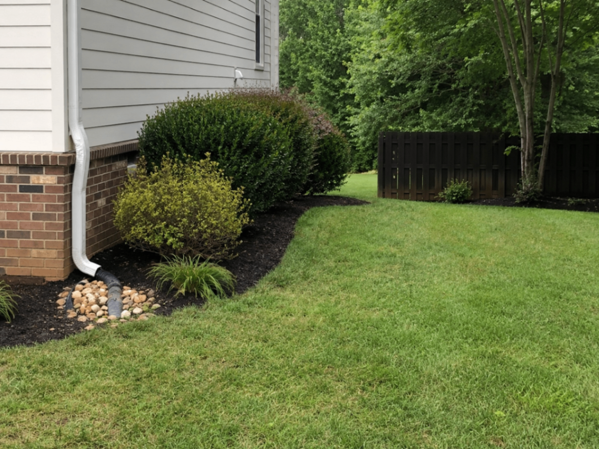 Finished downspout extension outlet beside a landscaped side yard