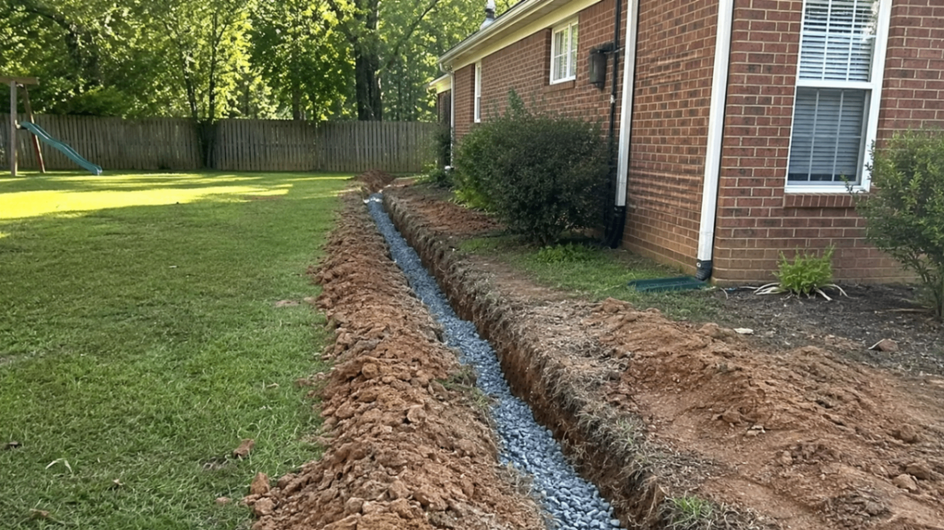 Long drainage trench being installed along the side of a yard